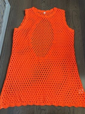 Bright Orange Crochet Sleeveless Tunic